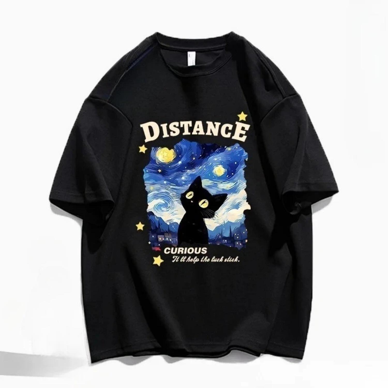 Starry Sky Cat Oil Painting Cute Print Women Casual Sleeve T-shirt Summer Round Neck Half Fashion Funny Round Neck Regular S