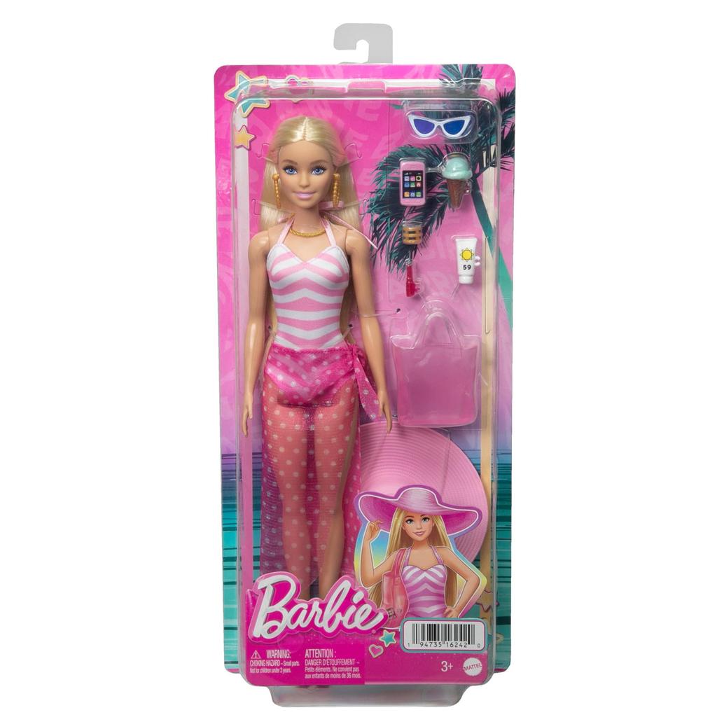 BARBIE Blonde Puppe Mit Tragetasche Und Kinder Ab 3 HPL73 - Pink-weißem Badeanzug, Sonnenhut, Strand-Accessoires, Für Jahren,