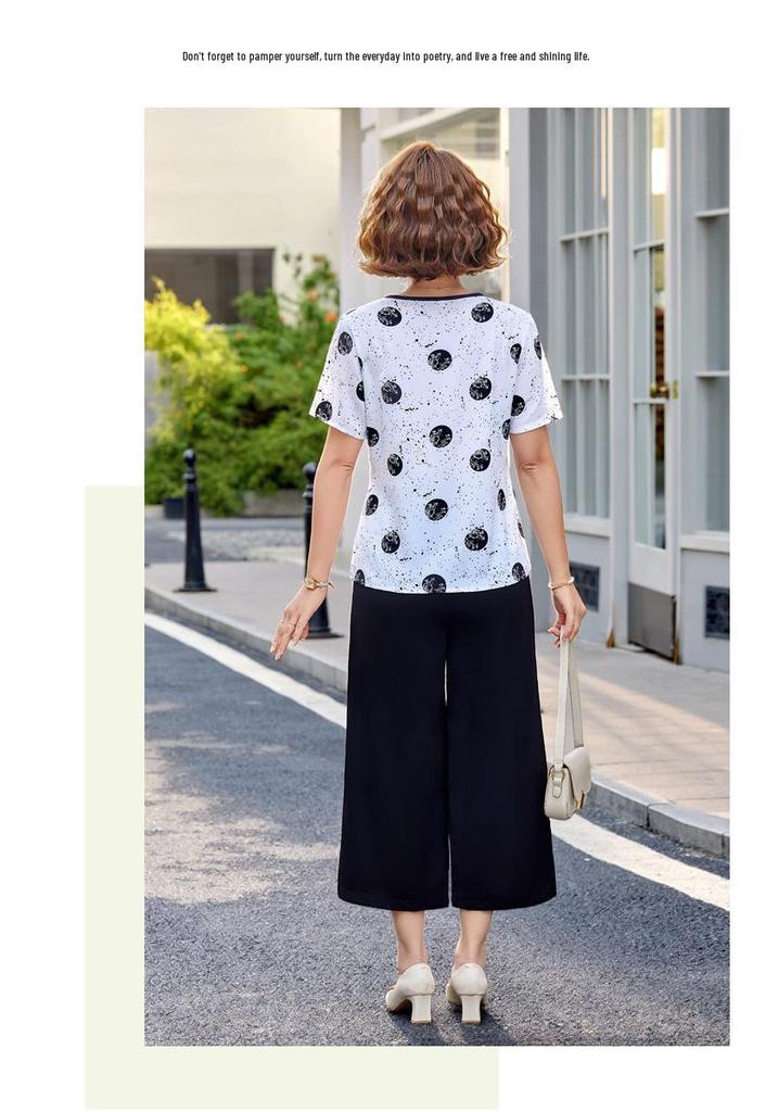 Summer Chinese Style Two-Piece Set: Short Sleeve Top & Wide Leg Pants for Middle-Aged Women