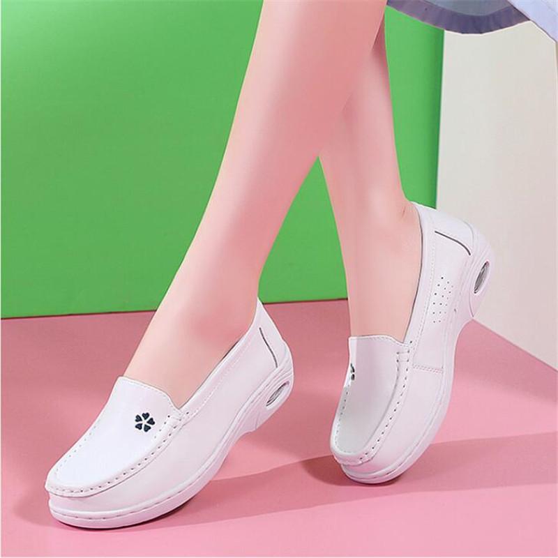 Fashion New Women Flat Genuine Leather Nurse Shoes Casual White Wedge Soft Bottom Slip On Moccasins Comfortable Hollow Out Work Shoes