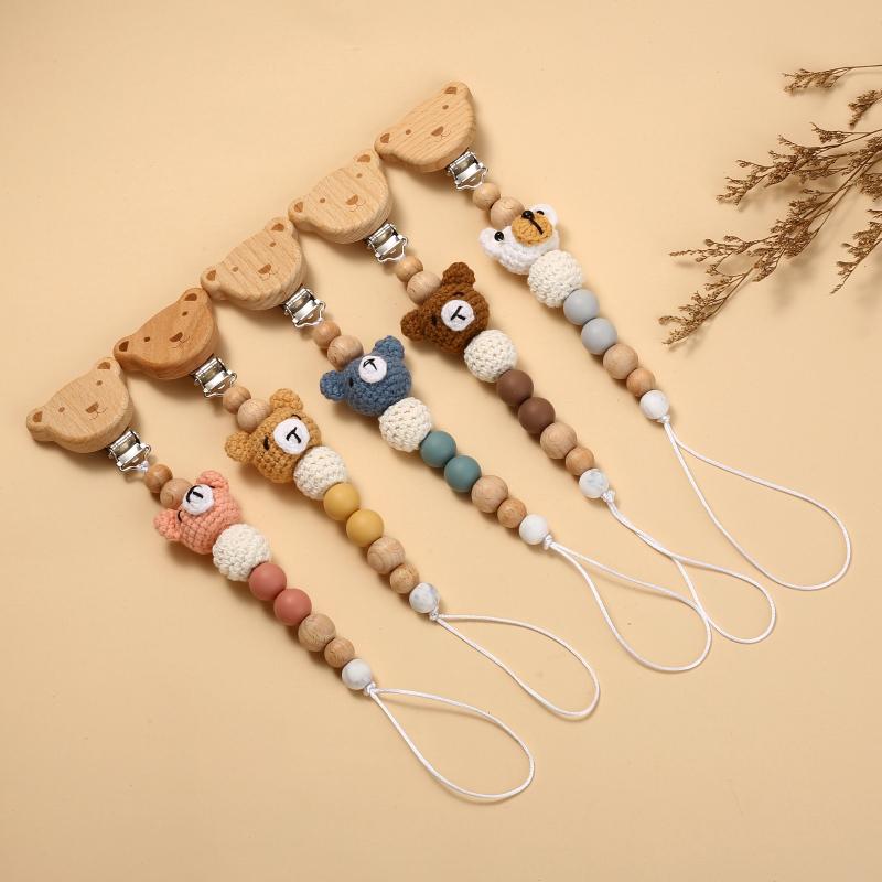 Baby Beech Wood Pacifier Clip Cartoon Animal Crochet Beads Silicone Nipple Chain For Teether Nursing Toys Baby Pacifier Chain