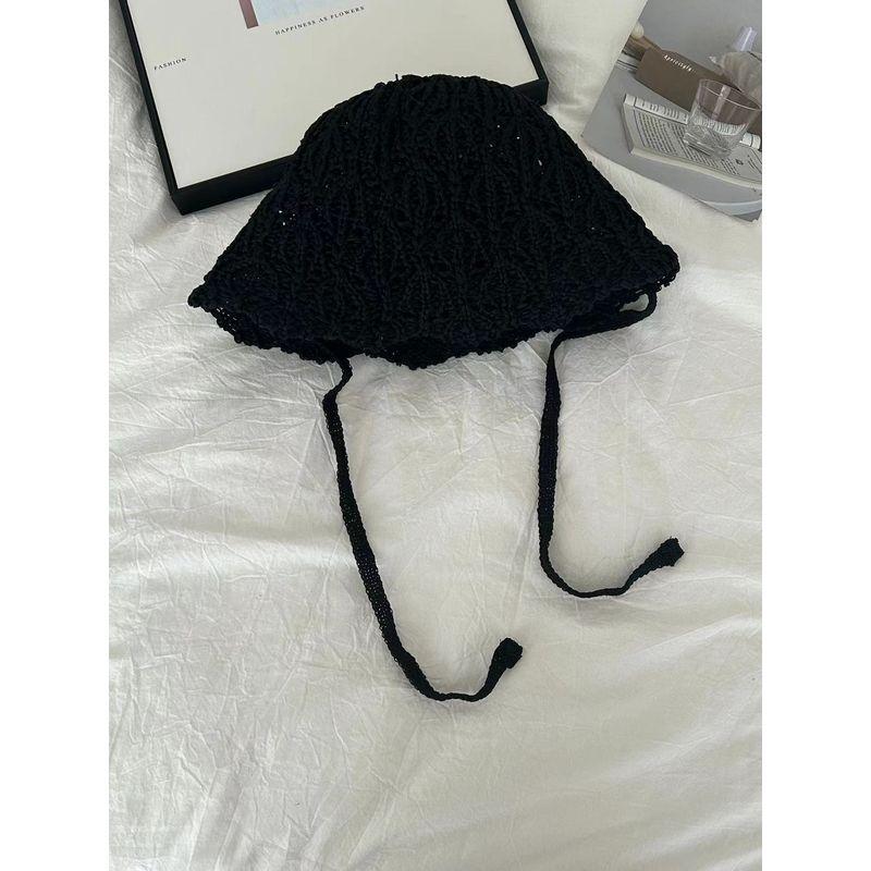 Fisherman Hat Women 2025 Spring Summer New Knitted Hollow Bucket Hat Breathable Sun Protection Lace-up Straw Hat Make Your Face Look Smaller