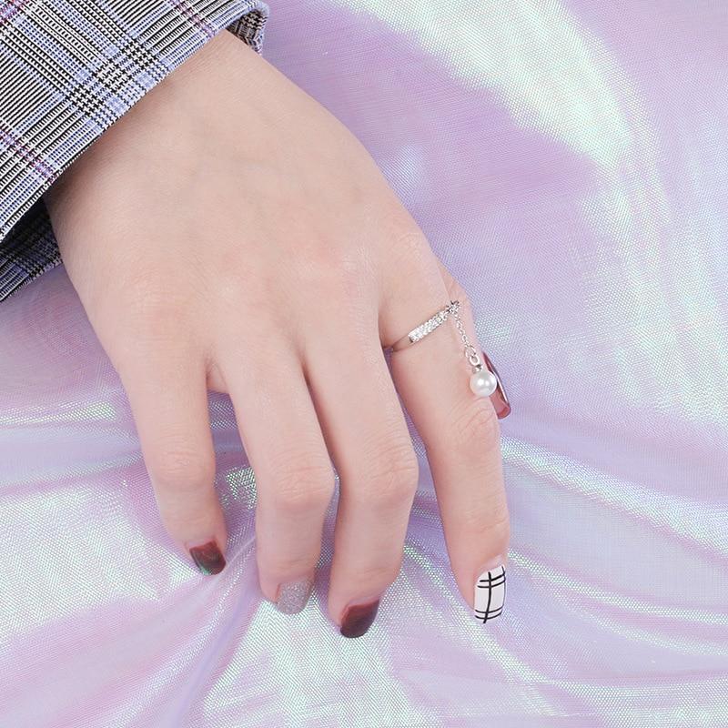 S925 Stamp Silver Color Micro Zircon Rings Simulated Pearl Chain Tassel Adjustable Rings For Women Anillos Bague S -R334
