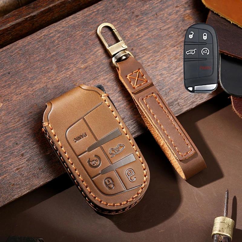 Leather Car Key Case Cover Fob For Jeep Renegade Grand Cherokee For Dodge Ram Charger 1500 Challenger Chrysler 300C Journey