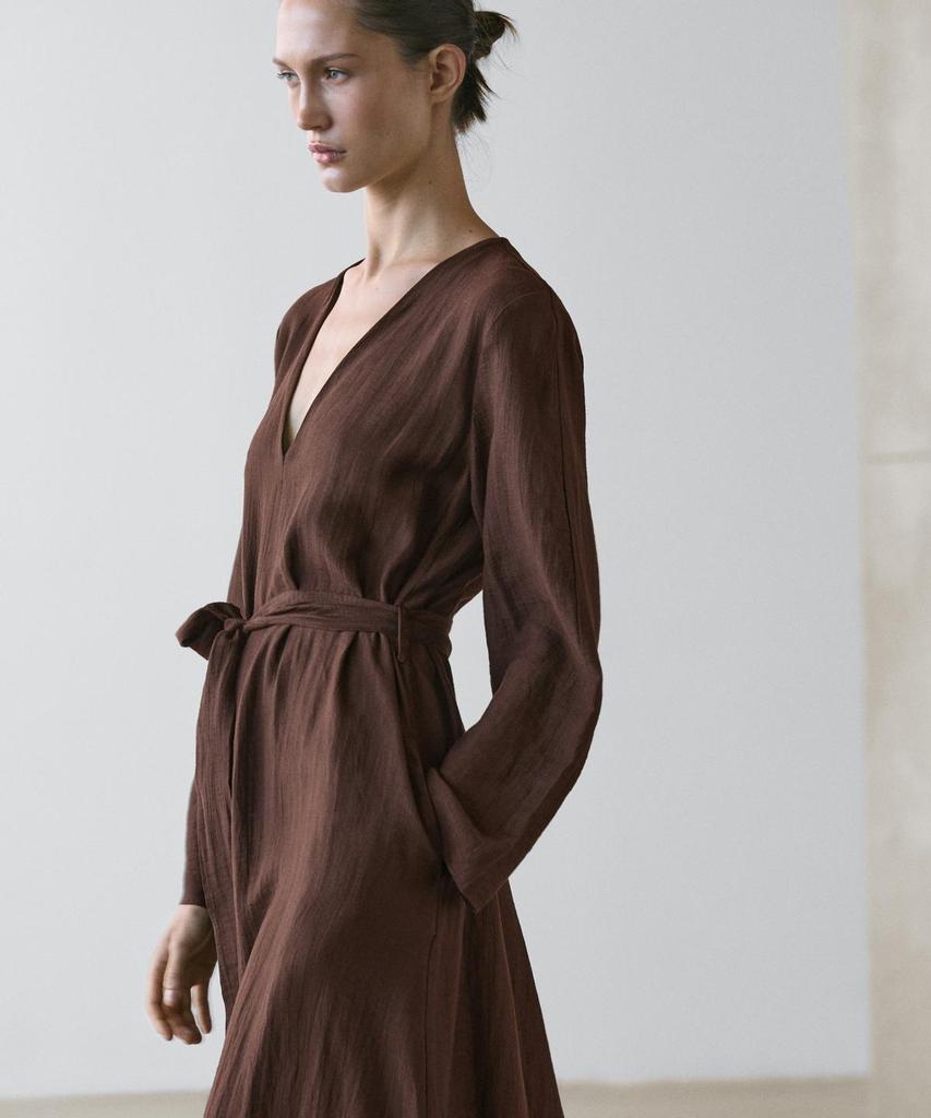 Masimodutti Belt Detail Linen Fluid Knee-Length Dress