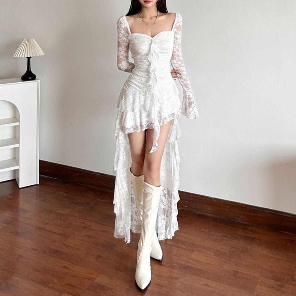 Ruffled Edge Lace Pleated Irregular Dress Transparent Lace Dress Women Full Skirt For Girls