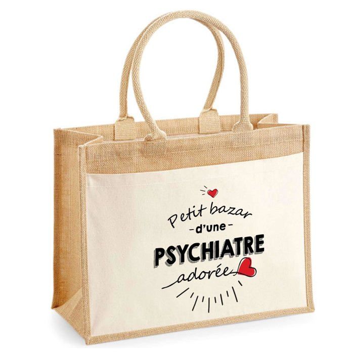 Sac de plage - PLANETEE - Jute avec poche « Bazar d'une Psychiatre adorée » - Coton - 43x33 cm - Imprimé en France