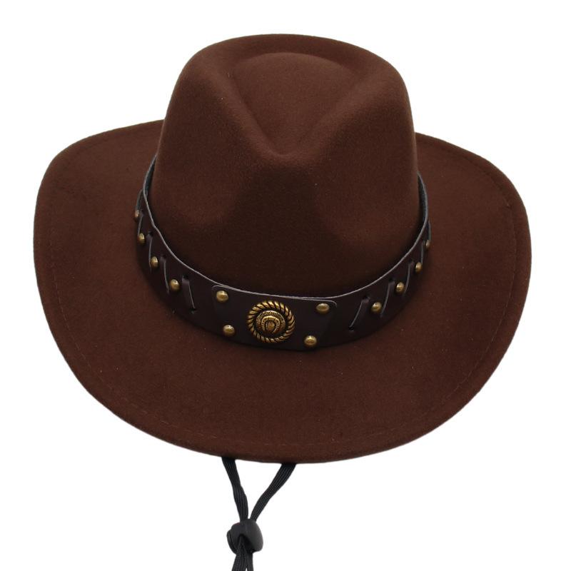 Western Cowboy Hat Tibetan Top Hat Felt Jazz Hat Rolled Edge Felt Hat Rivet Belt Buckle Metal