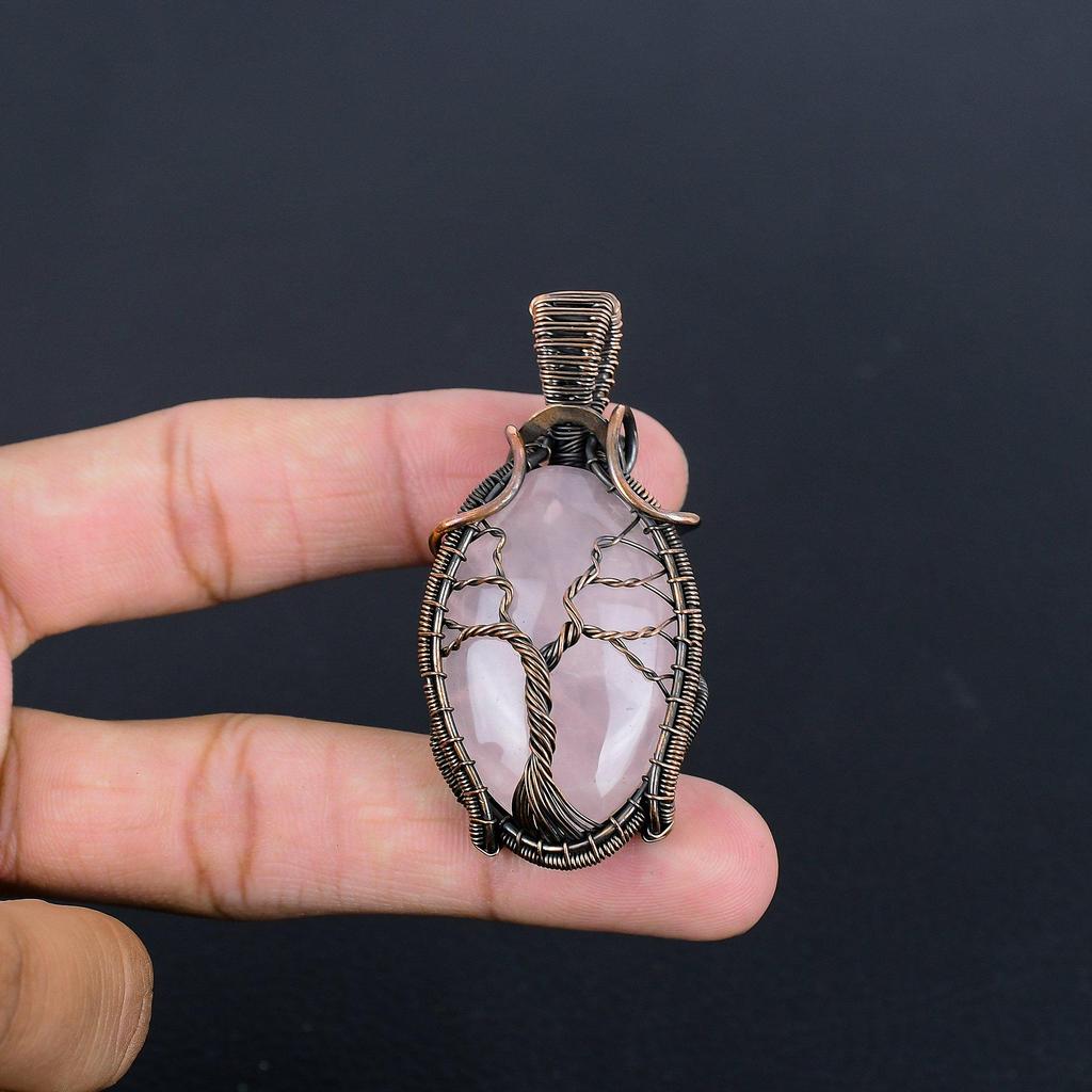 Rose Quartz Jewelry, 999 Copper Wire Wrapped  Pendant Handmade Gemstone Jewelry, Gifts For Wife Brand New Pendant