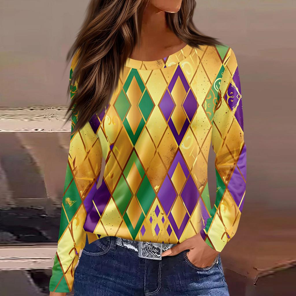 Women's Fashion Casual Slit Hem Round Neck Long Sleeve Loose Printed T-Shirt Top