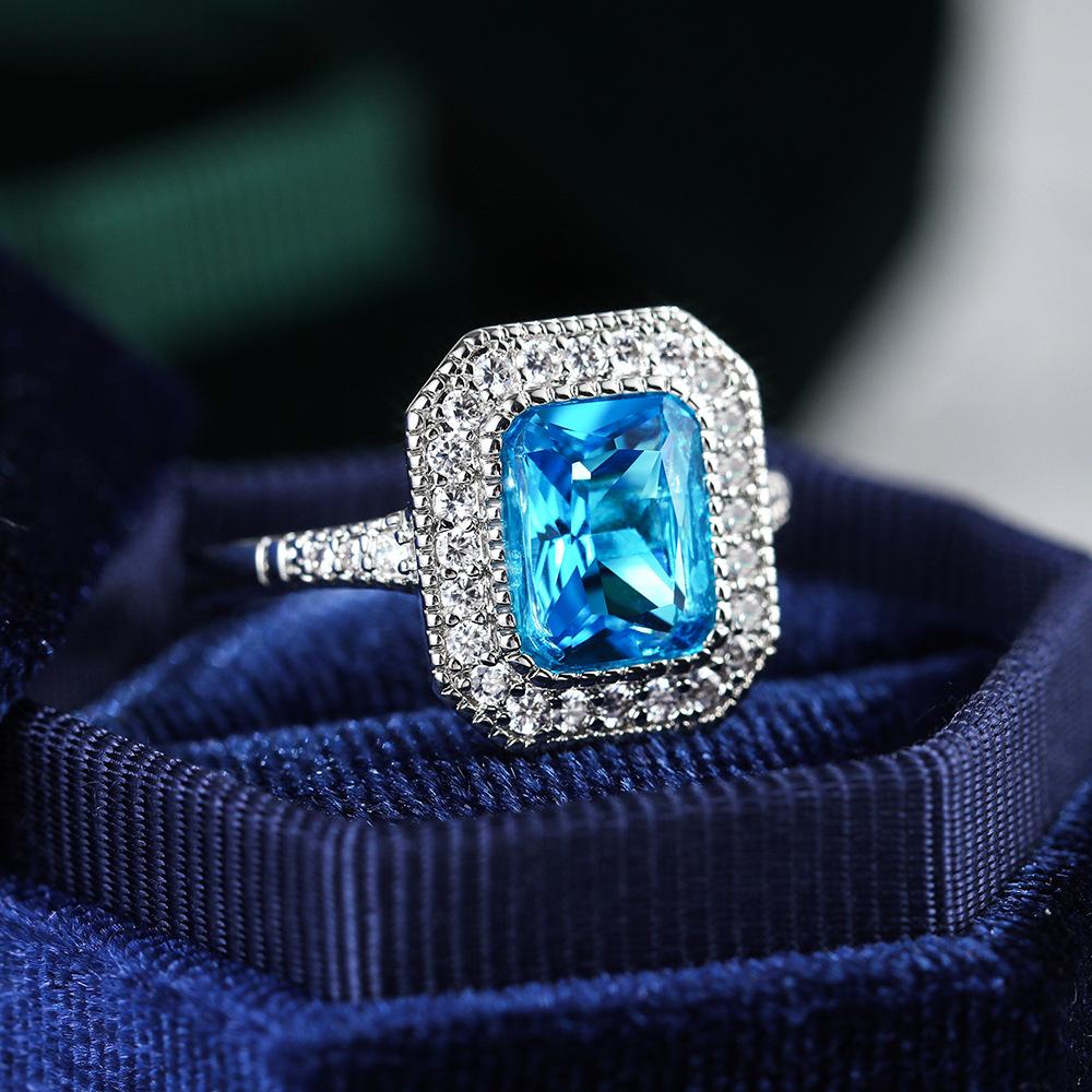 Fashion Aquamarine Stone Rings For Women SSIlver Color Square Blue Zircon Wedding Engagement Ring