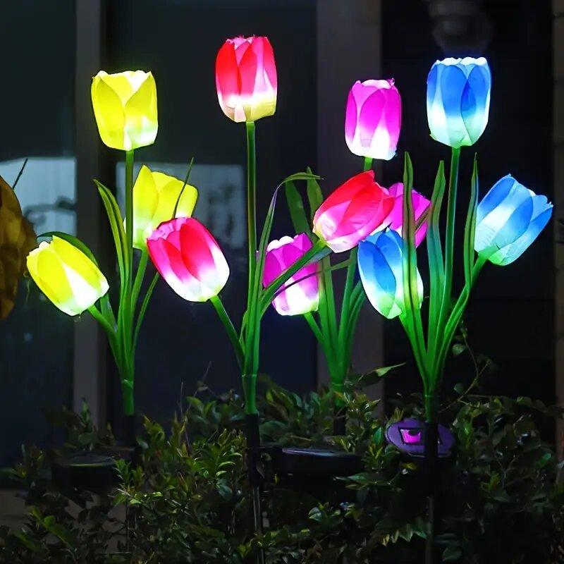 Solar 3-Headed Tulip Garden Lights Outdoor Waterproof LED Lawn Lamp for Yard Pathway Landscape Decor Beautiful Home Lighting