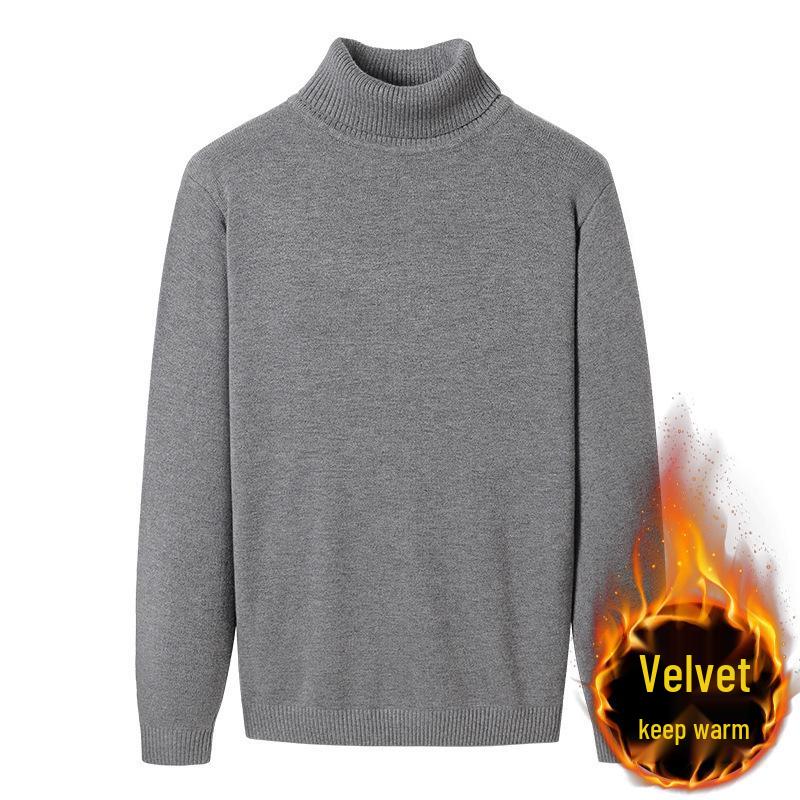 Men's Ribbed Wool High-Neck Sweater with Fleece, Warm Knitted Long Collar for Autumn and Winter