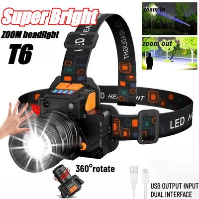 Hochleistungs-LED-Induktions-Stirnlampe, drehbarer Zoom, mit eingebautem Akku, USB-wiederaufladbare Stirnlampe für Camping, Angeln
