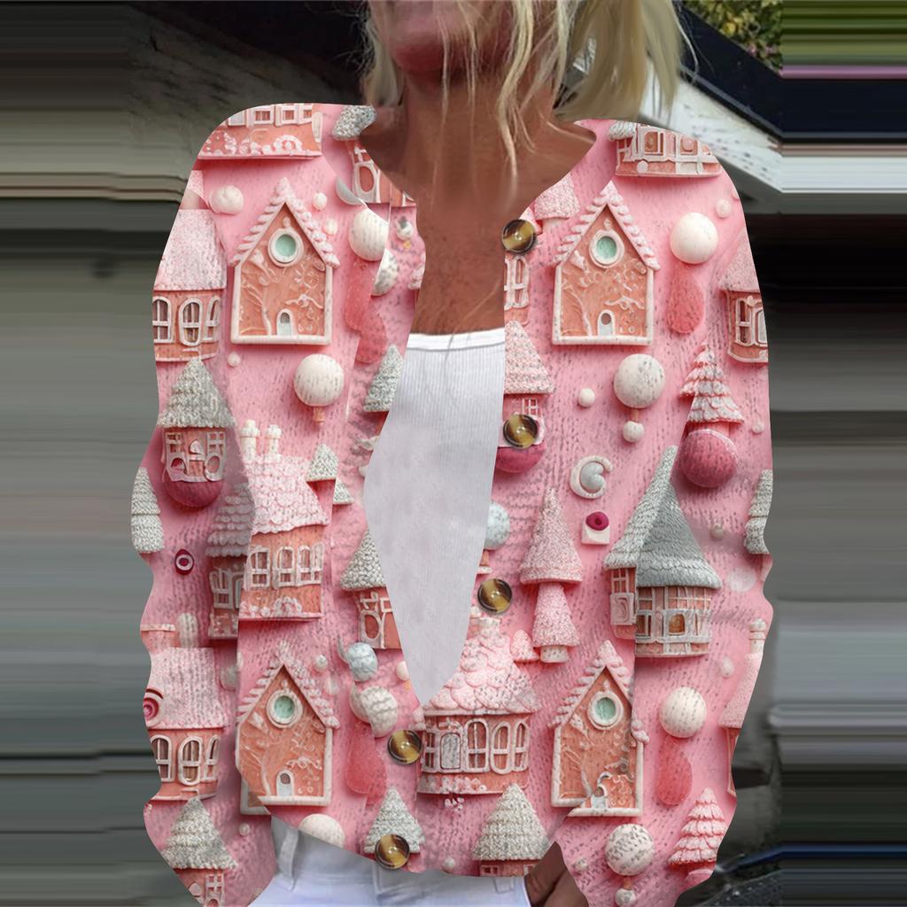 Damenmode, weihnachtlich bedruckt, langärmelig, Strickjacke, Button-Down-Jacke