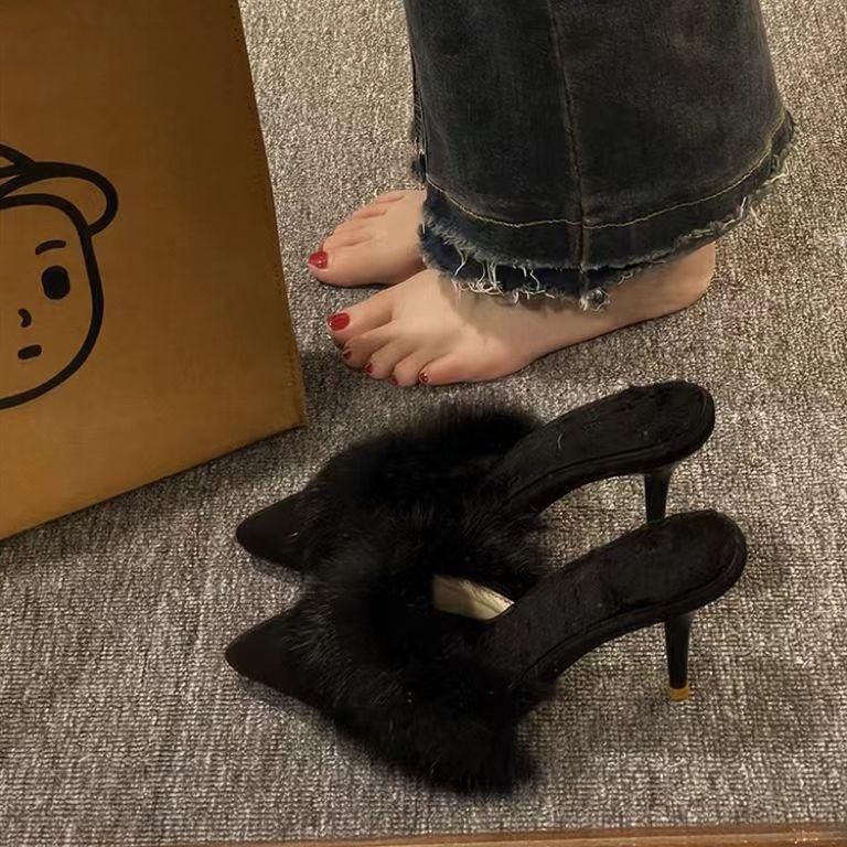 Halbschuhe Damen dünne Absätze Muller Damenschuhe spitze Zehen flauschige hohe Absätze coole Hausschuhe Damen Oberbekleidung Tasche Kopf ausländischer Stil