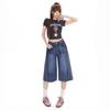 Trendy Vintage Blue High Waist Slimming Spliced Wide Leg Straight Cropped Capri Denim Pants For Women Versatile FigureFlattering Casual Capri Trousers