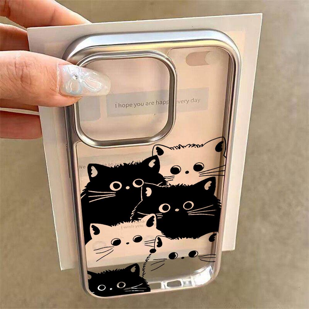 Cute Black White Cat Electroplated Clear Phone Case For iPhone 17 Pro Max 16 15 14 13 12 11 Pro 16 Plus 17 Air Shockproof Cover