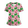 Women's Short Sleeved Christmas Printed V-neck Buttonable Side Slit Top T-shirt