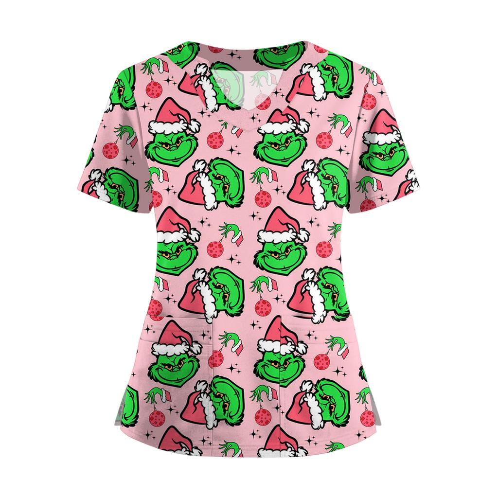 Women's Short Sleeved Christmas Printed V-neck Buttonable Side Slit Top T-shirt