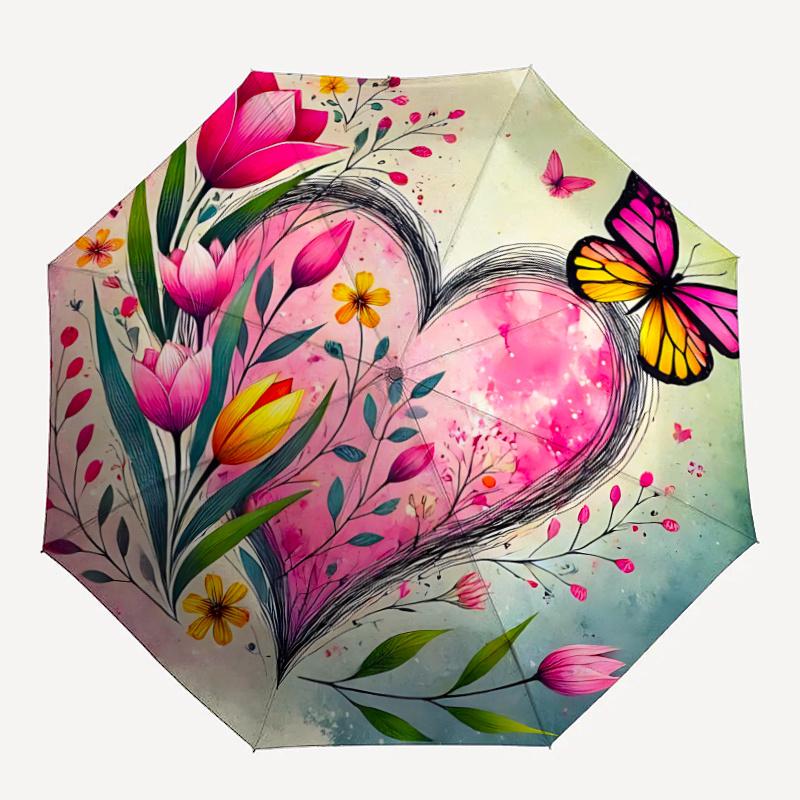 

1pc Floral Heart Butterflies Automatic Open/close Umbrella, 8-Rib sturdy structure, Auto Folding/Opening, Portable Travel Umbrella for Women, c29