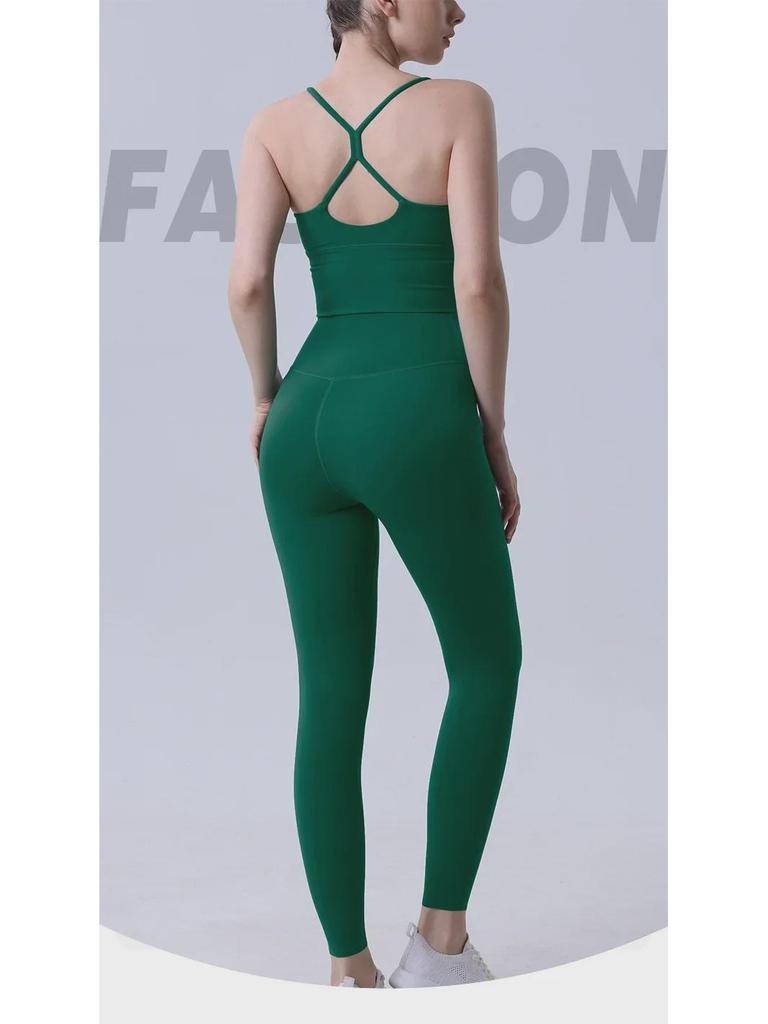 New Nude Yoga Set: Cross-Back Sports Bra & High-Waist Peach Hip Leggings