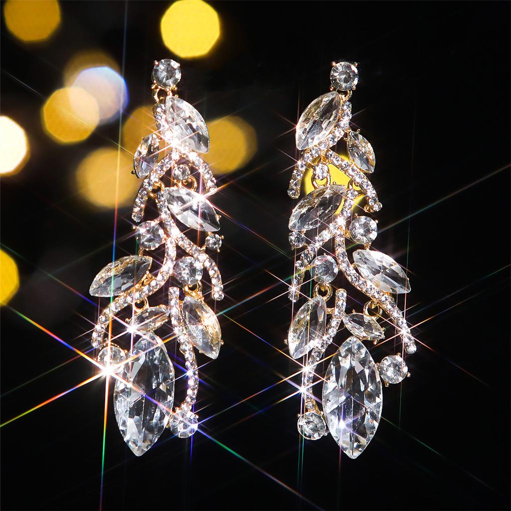 Color Shiny Glass Rhinestone Leaf Earrings Women's, Personalized Crystal Stud Earrings Earrings