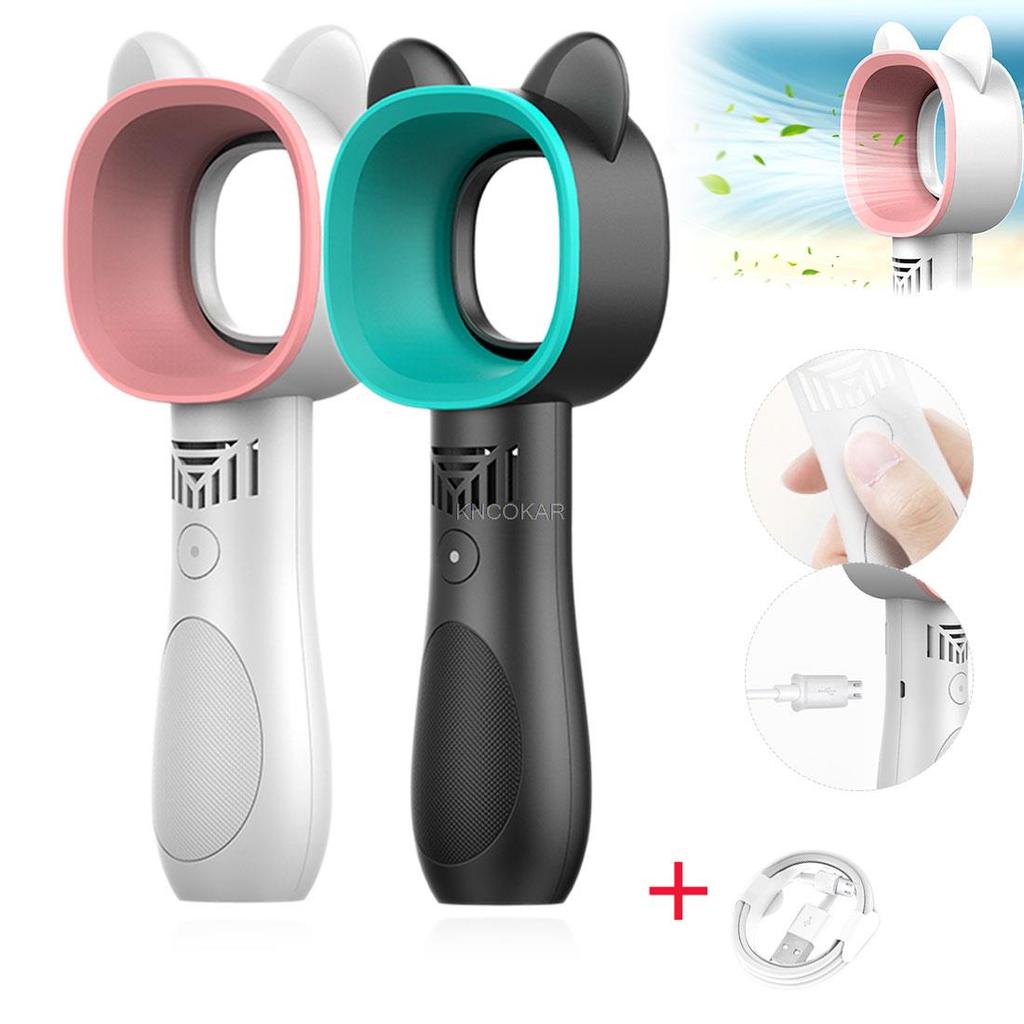 2025Mini Portable USB Wireless Leafless Fan Cartoon Small Fan Cute Cat Rechargeable 3-speed Horizontal Fan Handheld Mini Cooler