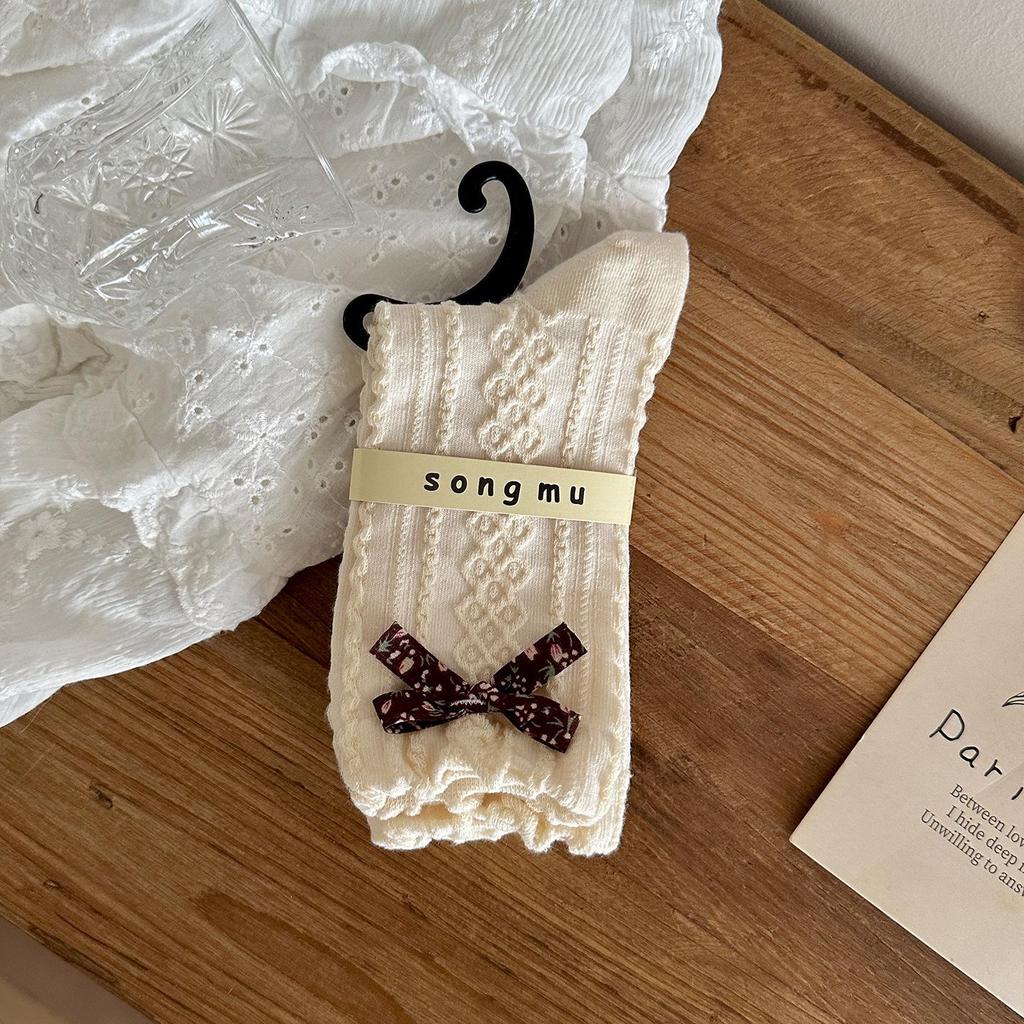 Floral Series Bow Knee-High Women's Mid-Calf Socks - Autumn/Winter Niche Original Scrunch Style