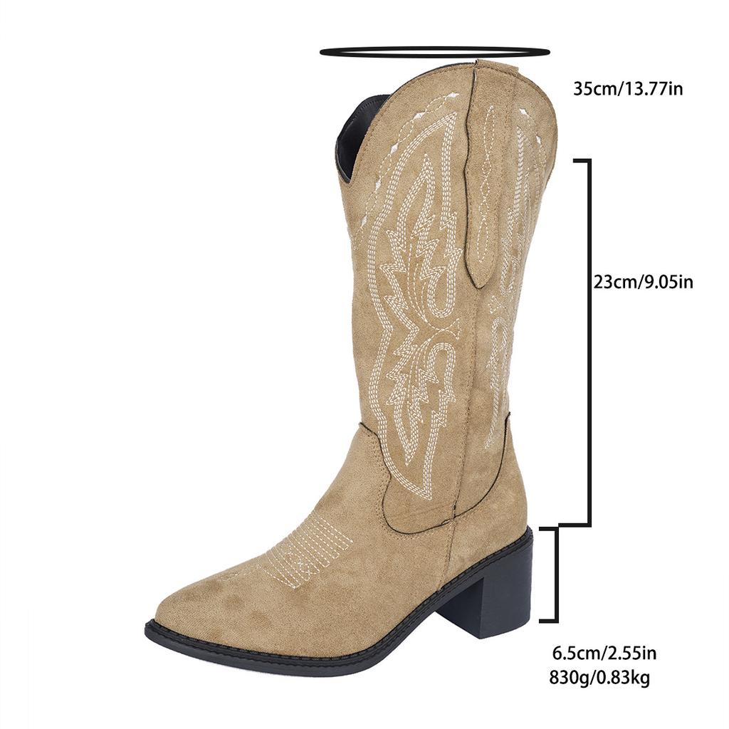 Fashion Women's large-sized embroidered western boots, pointed high-top mid-top knight boots