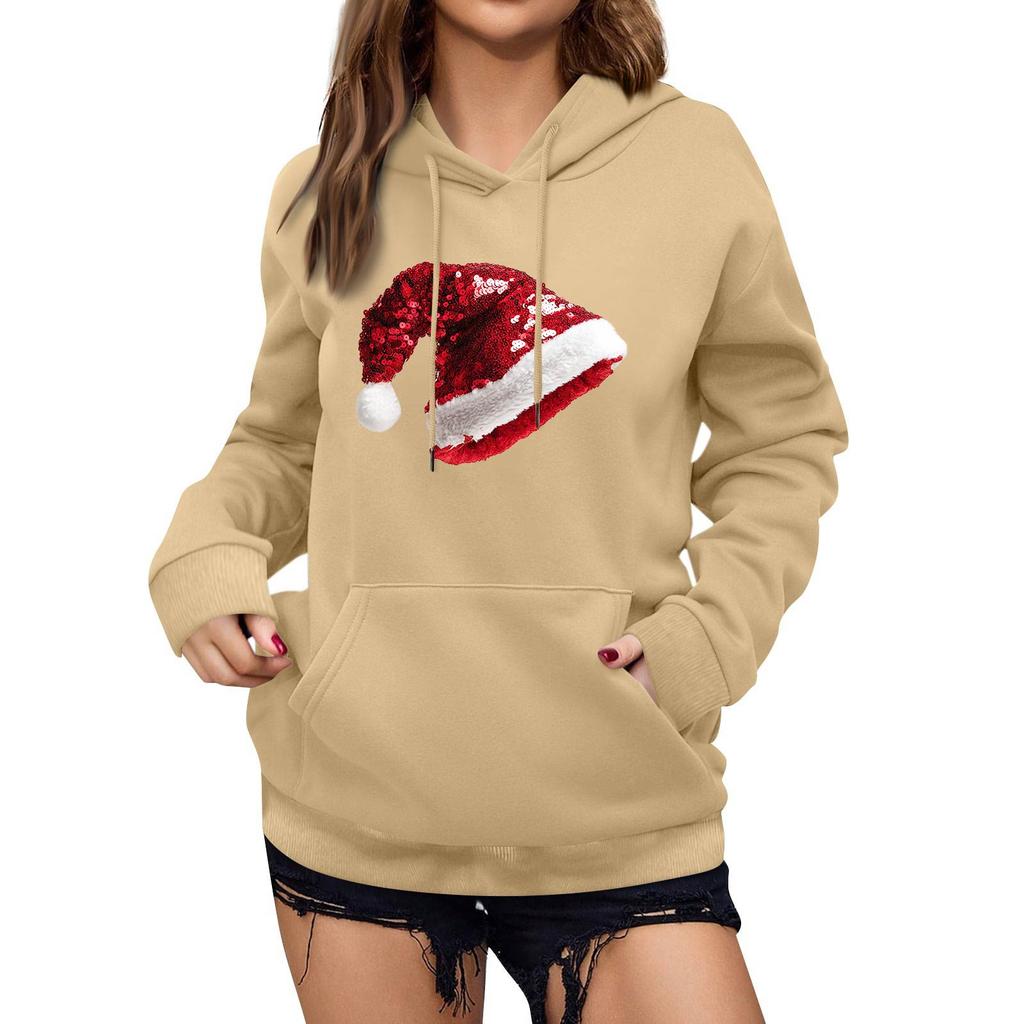 Damen Winter Weihnachten Bedruckter Pullover Kapuzenpullover Fleece Langarm Sweatshirt