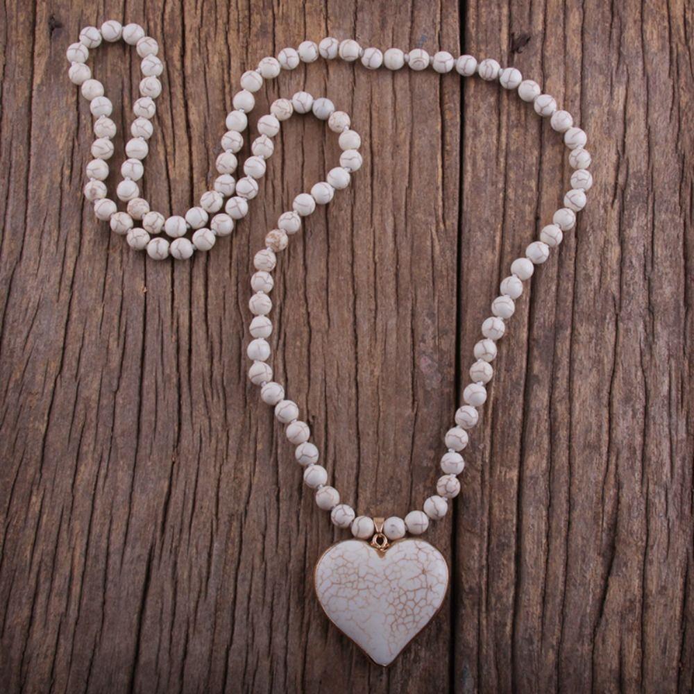 Heart Shape Pendant Turquoise Beaded Necklace 8 mm Beads Boho Necklace Women Gift