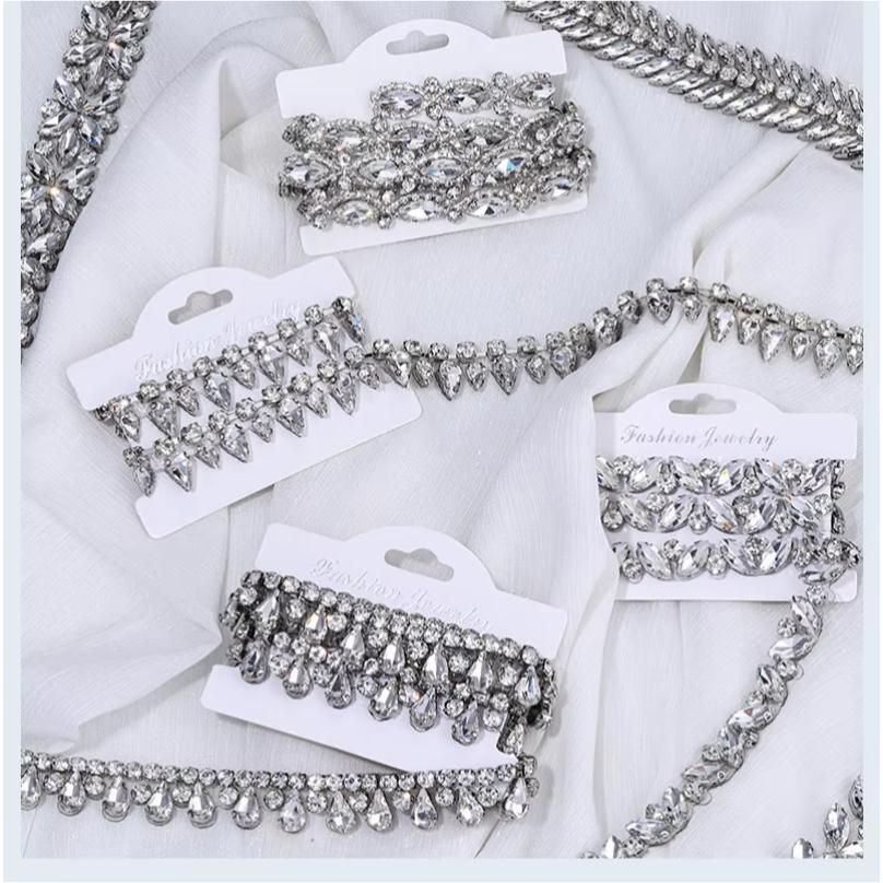 1pc Motif Rhinestone Ribbon Hot Fix Glass Crystal Rhinestone Trim Chain for DIY Shoes, bags, Dresses Decoration