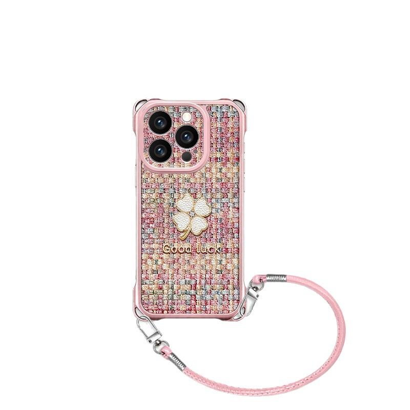 Lucky Clover for Apple 17Pro mobile phone case 16Pro lanyard 15 leather pattern 14 bracket 13 pink soft case