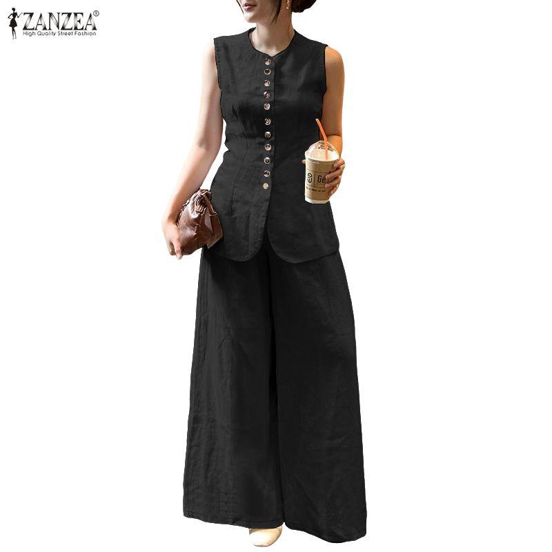 ZANZEA Lässiger Zweiteiler für Damen, ärmelloses Westentop und Hose mit weitem Bein