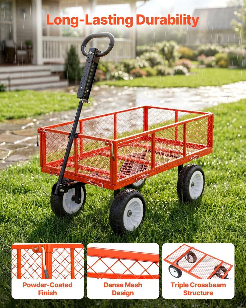 Carro de Jardín, 408,2 kg, Carro Utilitario de Acero de Alta Resistencia para Patio y Jardín con Ruedas de 10 Pulgadas, Taburete de Jardinería para Exteriores con Asa Ajustable, Desmontable