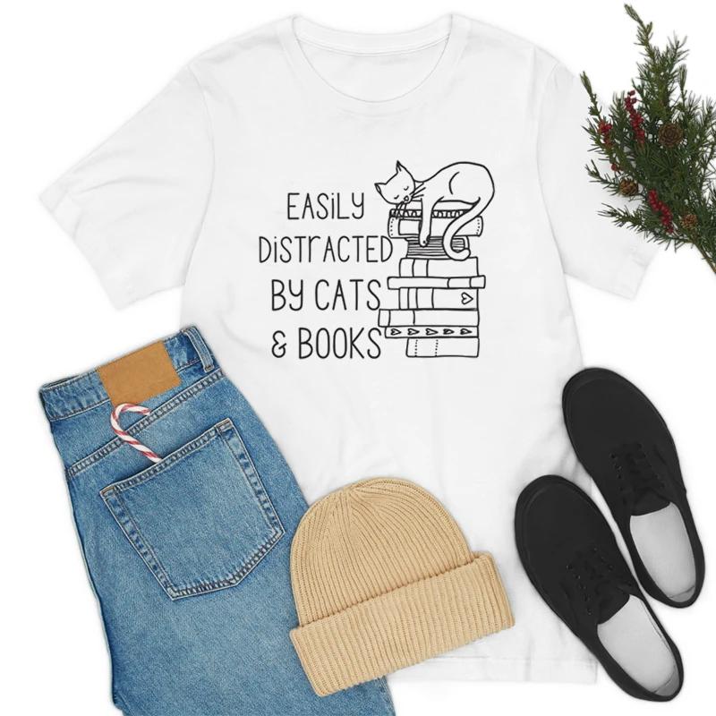Cats Books Womens Cute Cartoon TShirt Casual Loose Book Lover T Shirt Cat Mom Shirt Literature Tshirt Bookish Graphic Tees Top