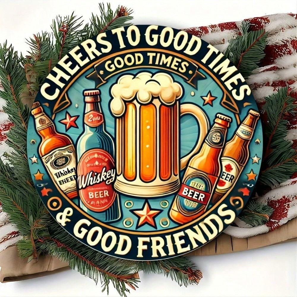 Vintage 8x8 Inch Metal Poster Cheers to Good Times Sign for Bar Wall Decor