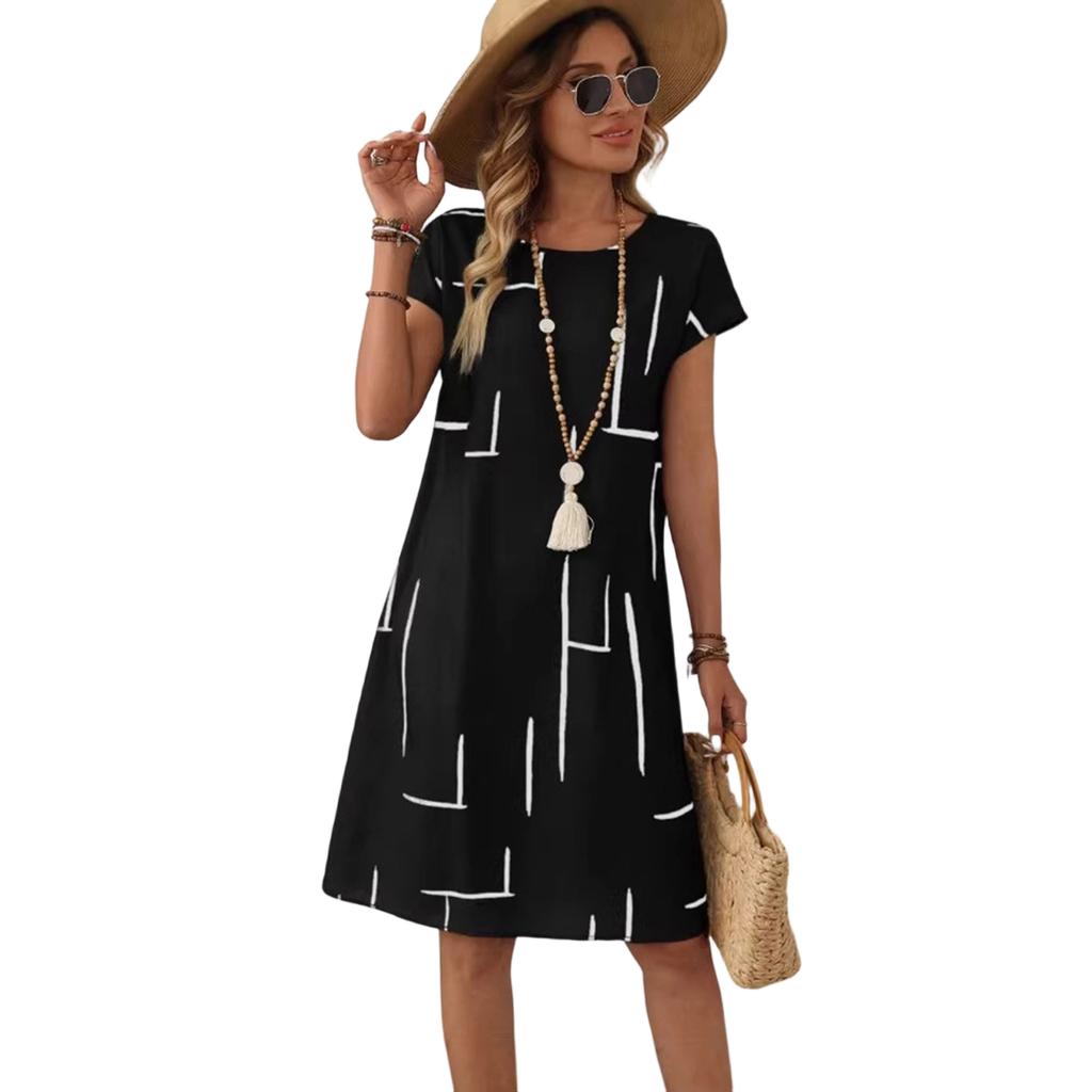 Women Casual Loose Short Sleeve Dress Summer Comfortable Knee Length A Line Dress Lightweight Breathable Fabric Simple Geometric Print