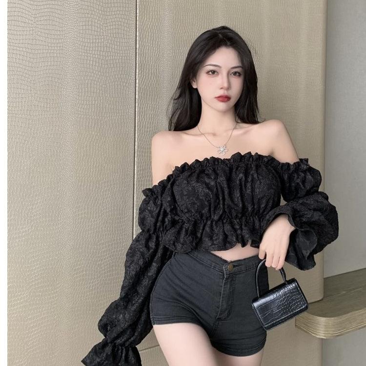 Pure desire girl one-word shoulder ruffle edge long-sleeved shirt women's design sense niche spring and autumn short chic top