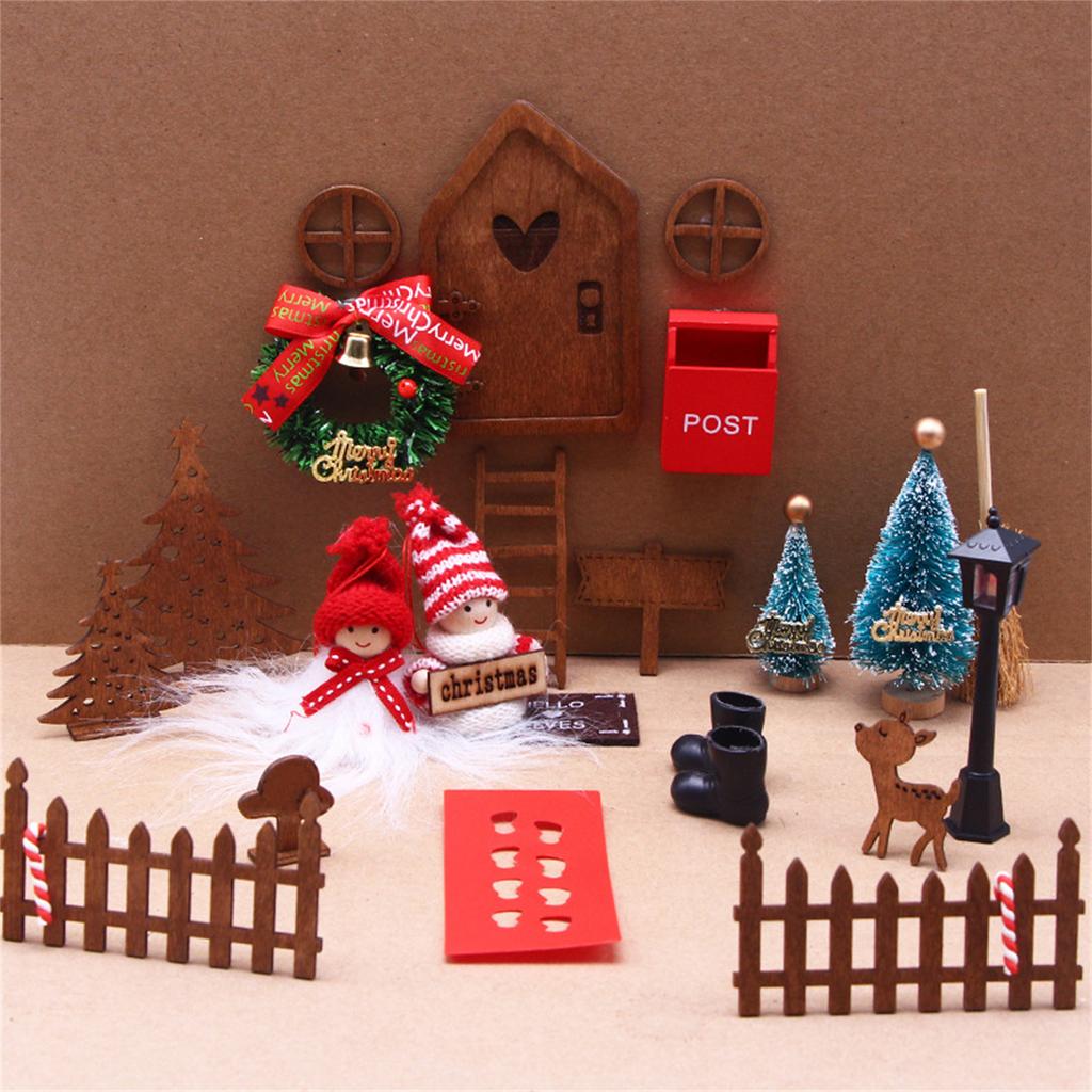 1 Set 1:12 Dollhouse Miniature Christmas Decor Fairy Door Elf Fence Tree Model DollHouse Accessories Kids Role Play Toy