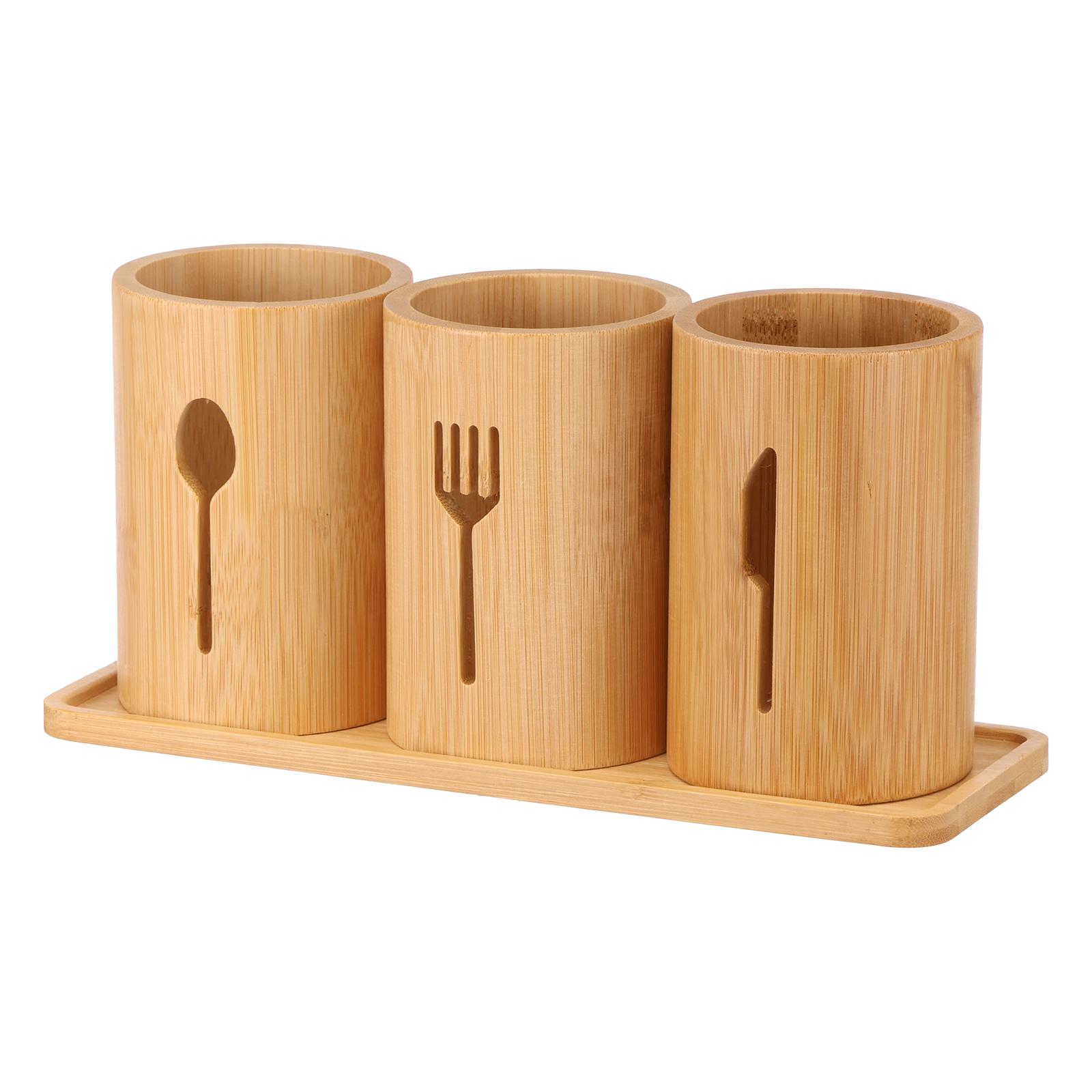

3 Pcs Bamboo Utensil Holder with Tray Cutlery Containers Drying Rack Kitchen Knife Spoon Fork Storage Tableware Organizer