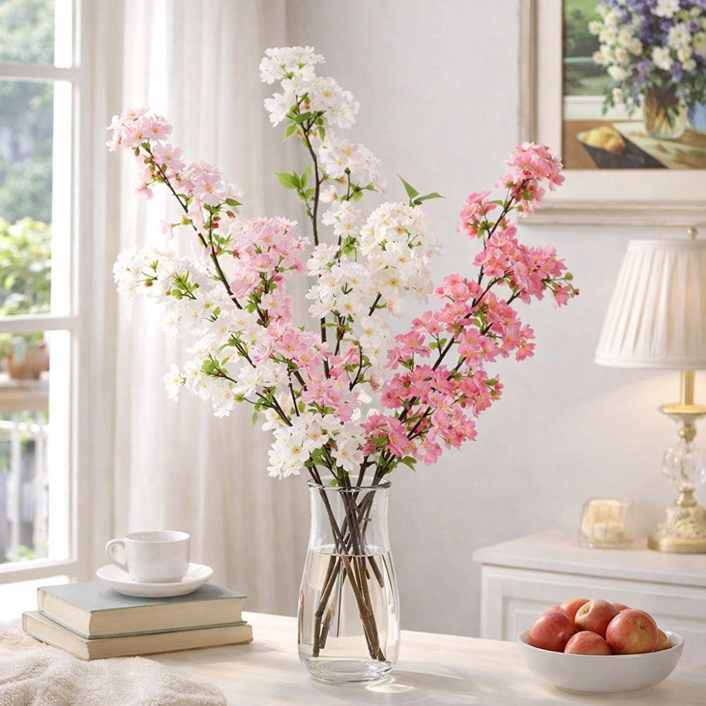 with Leaves Artificial Cherry Blossom Long Fake Flower Simulation Cherry Blossom  Teacher's Day