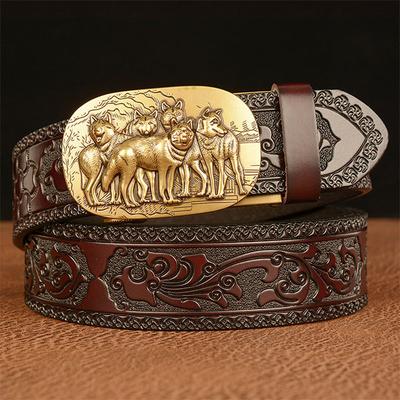 Yüksek Kalite Erkek Dana Derisi Kemer Kişilik Retro Kurt Otomatik Tokalı Deri Kemer Pantolon Kemer
