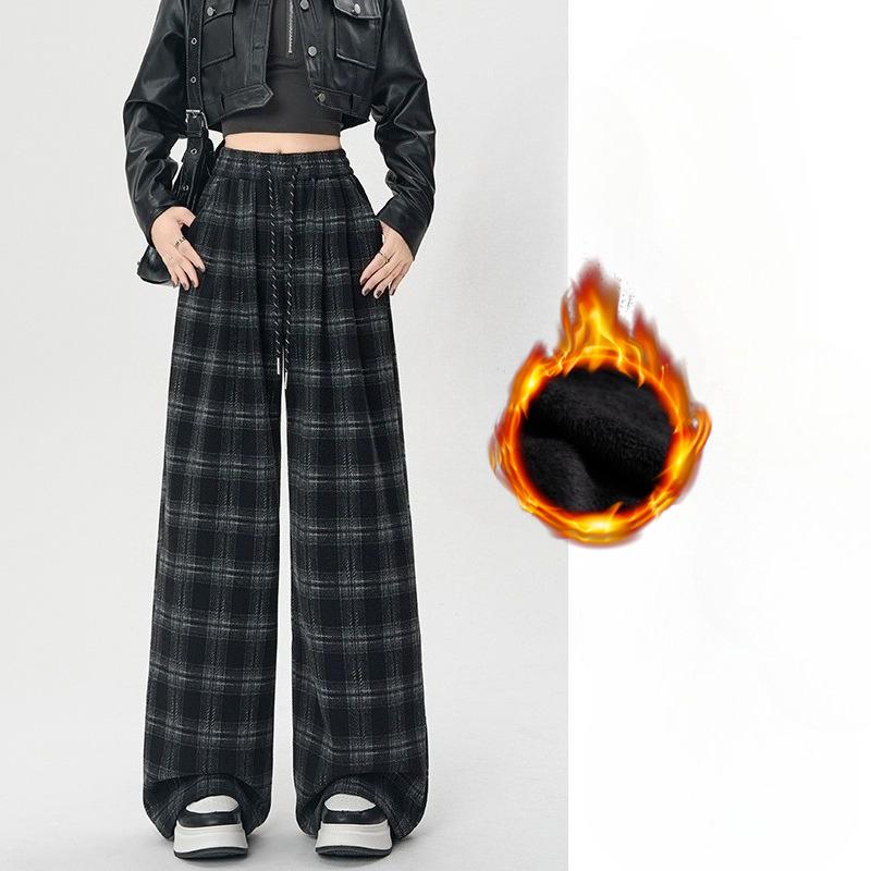 Plus Velvet Woolen Plaid Pants Women's Autumn and Winter Retro Straight Casual Loose Wide-leg Pants