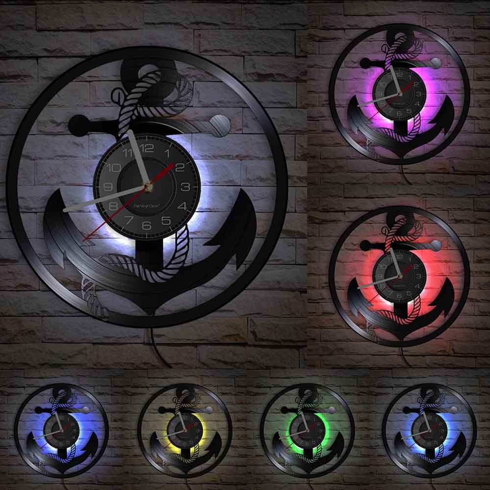 Anchor Ship Navy Compass Vinyl Record Wall Clock Retro Home Wall Decoration Navigation Ship Rudder Art Wall Clock Sailor Gift