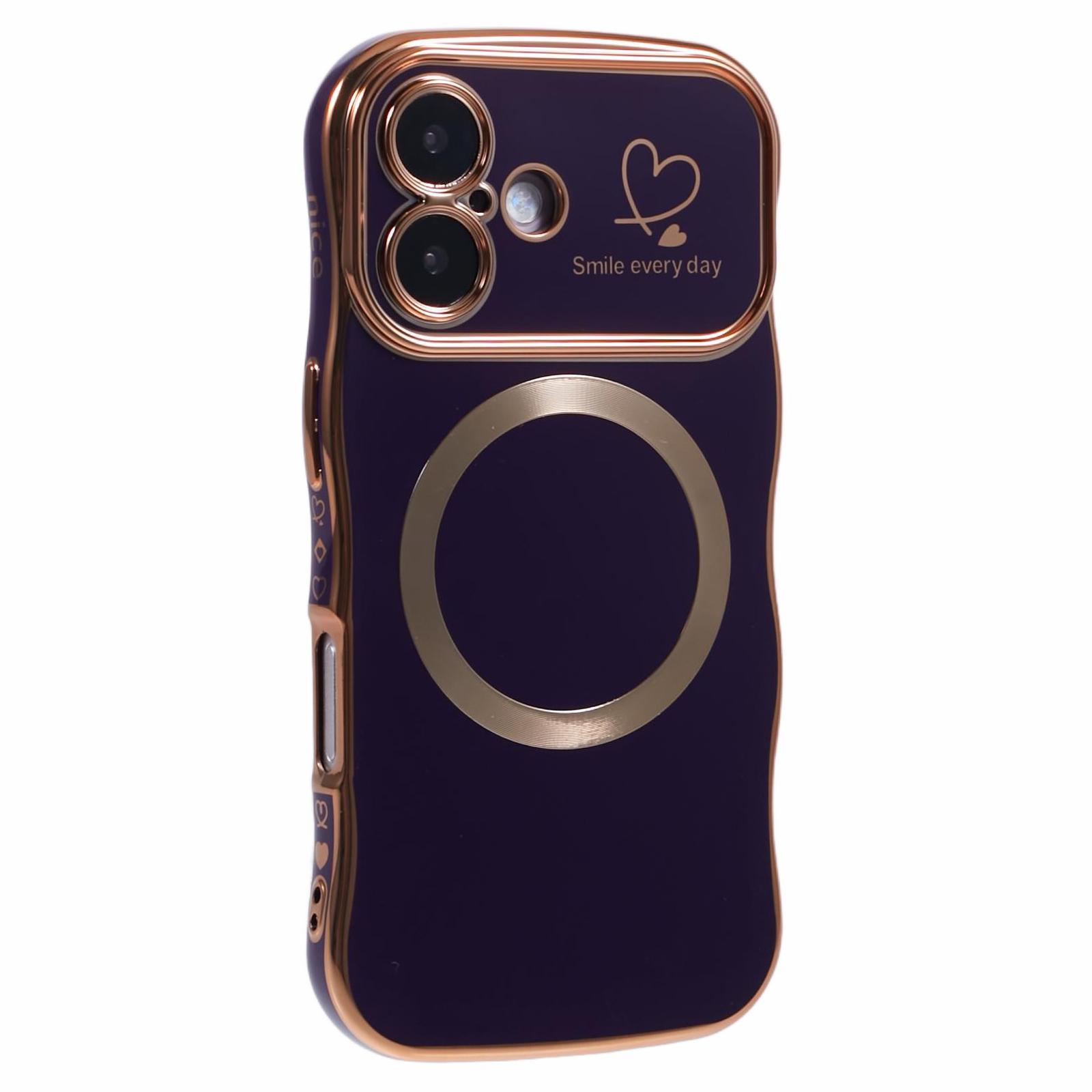 

For iPhone 16 Plus Magnetic Case Electroplating Curly Frame TPU Phone Cover Large Window Dark Purple