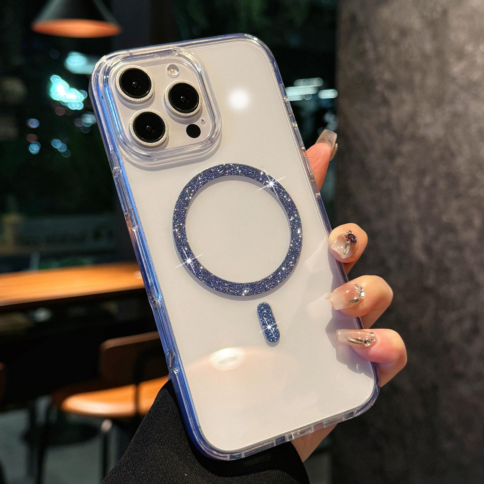 

For iPhone 16 Pro Case Compatible with MagSafe Glitter Ring TPU+Acrylic Clear Phone Cover Airbag Protection Blue