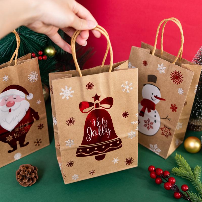 StoBag, Joyful Christmas Kraft Paper Reusable Bags, Party Decor, Packing Presents, Gifts, Candy,  Reindeer Pattern, Snowflake