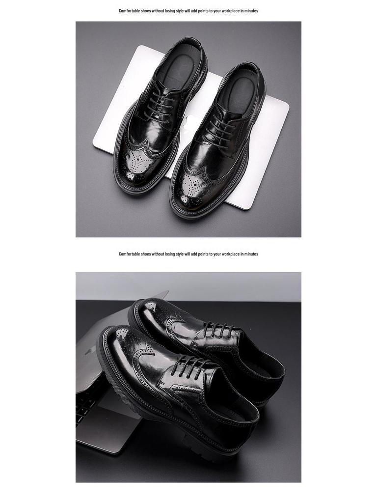 Men's Genuine Leather Formal Brogue Shoes - British, Thick-Soled, High-End Business Style, Top Layer Cowhide